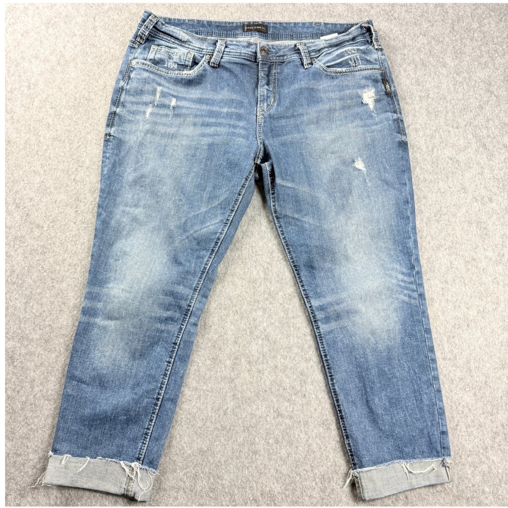 Silver Jeans Co. Women Jeans 18 (37) Girlfriend Distressed Blue Denim Button Zip